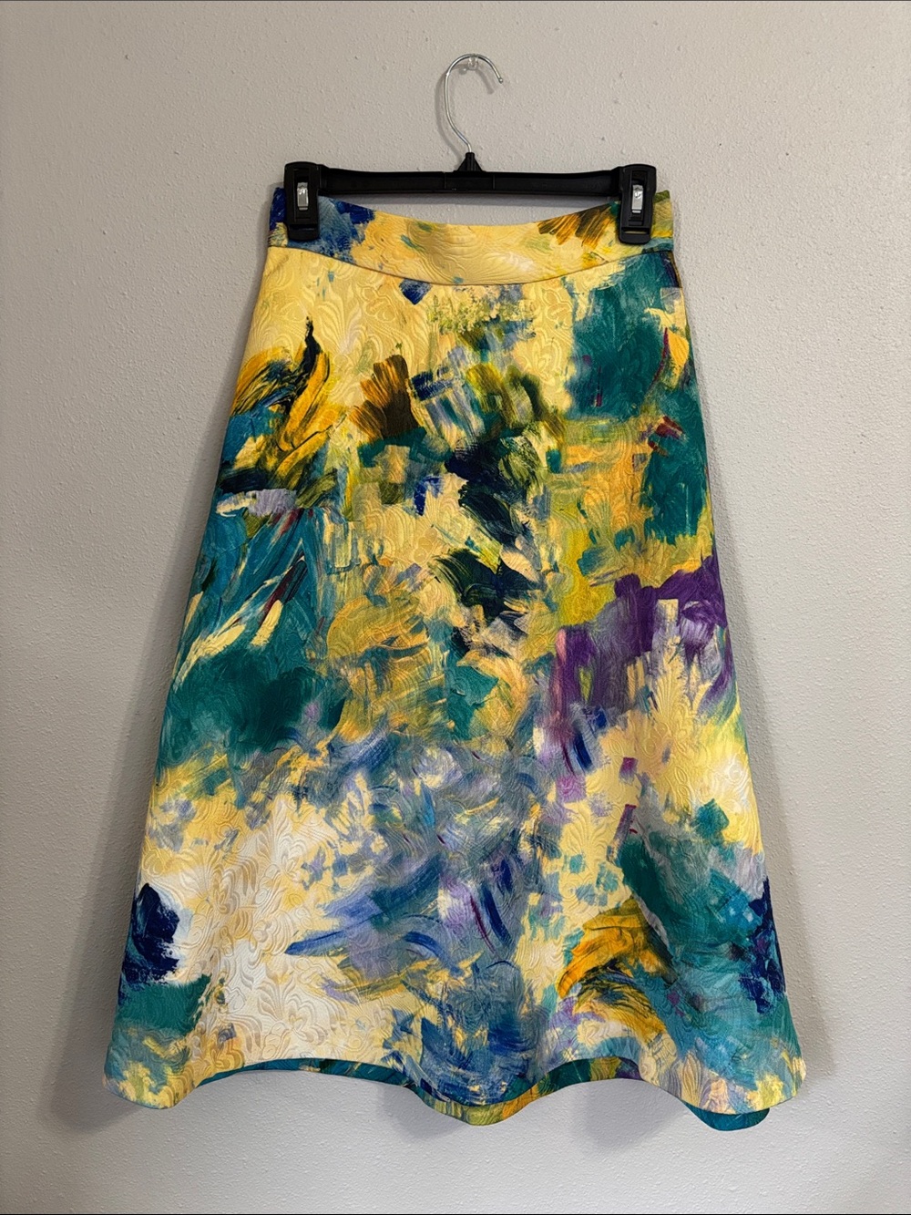 H&M Abstract Brushstroke A-Line Skirt in Yellow, Teal & Purple